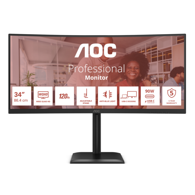 AOC LCD CU34E4CV 34" zakřivený VA/3440x1440@120Hz/4ms/350cd/2xHDMI/DP/4xUSB/2xUSB-C/RJ45/Repro/HAS/VESA