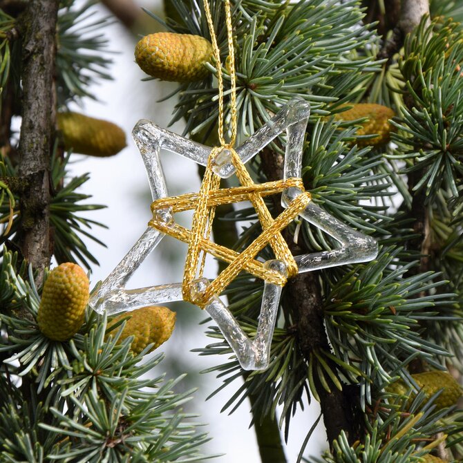 Vánoční ozdoby - hvězdy malé 7 cm, zlaté zdobení, ručně vyrobené z českého skla - sada 4ks - dárková krabička zdarma