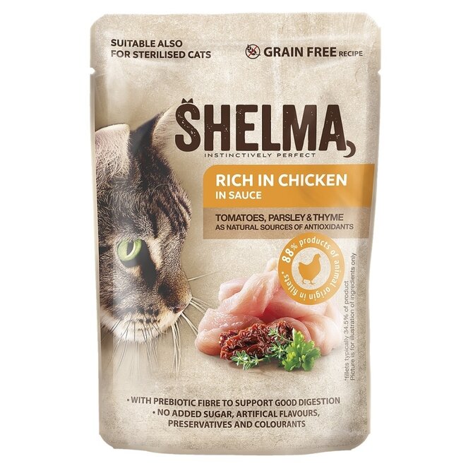 SHELMA Cat kuřecí s rajčaty a bylinkami v omáčce, kapsa 85 g (28 ks)