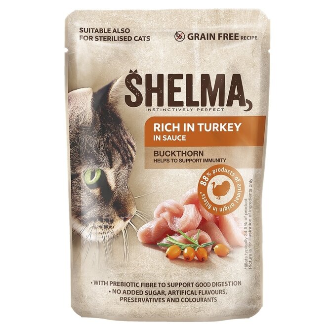 SHELMA Cat krůtí s rakytníkem v omáčce, kapsa 85 g  (28 ks)