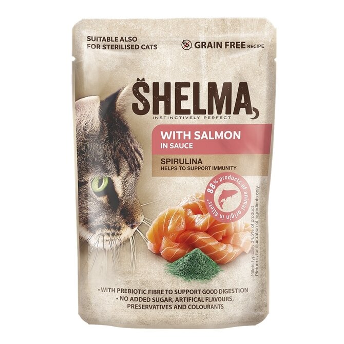 SHELMA Cat losos se spirulinou v omáčce, kapsa 85 g  (28 ks)