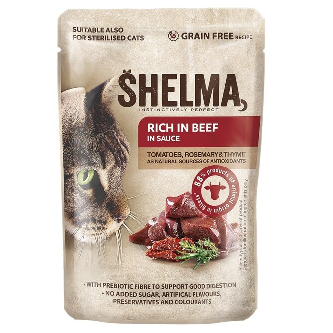 SHELMA Cat hovězí s rajčaty v omáčce, kapsa 85 g (28 ks)
