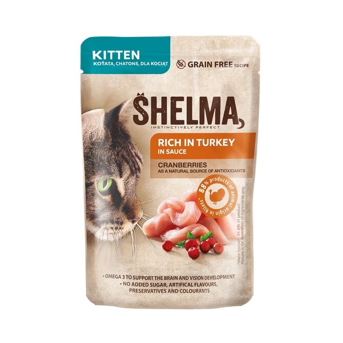 SHELMA Cat Kitten krůta a brusinka v omáčce, kapsa 85 g  (28ks)