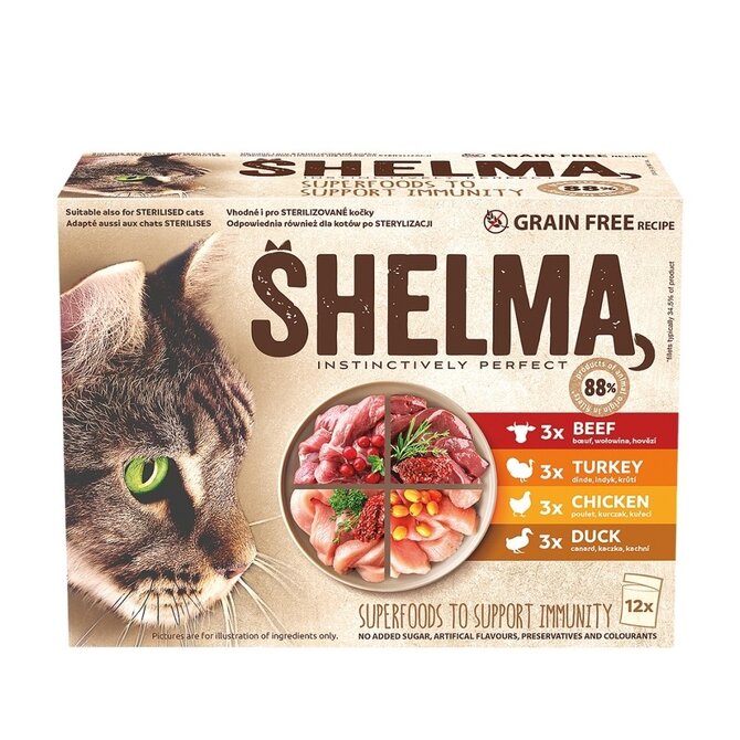 SHELMA Cat kuřecí, hovězí, kachní a krůtí, kapsa 85 g (12 pack)