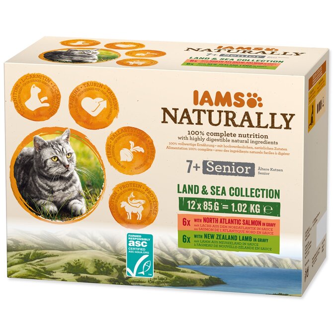 Kapsičky IAMS Naturally Senior mořské a suchozemské maso v omáčce multipack (12x85g) 1020g