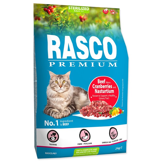 Granule RASCO Premium Sterilized hovězí s brusinkou a lichořeřišnicí 400g