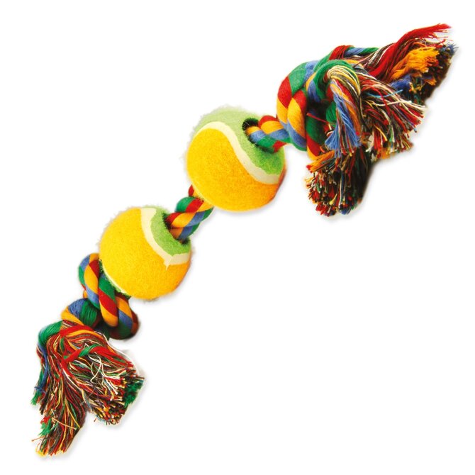Hračka DOG FANTASY barevná 2 knoty + 2 tenisáky 35 cm