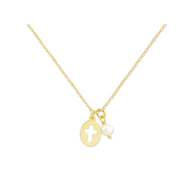 Bangles.cz Řetízek Křížek zlatý & sladkovodní perla stříbro 925 zlatá, bílá (perla), šperkovní stříbro 925, sladkovodní perla