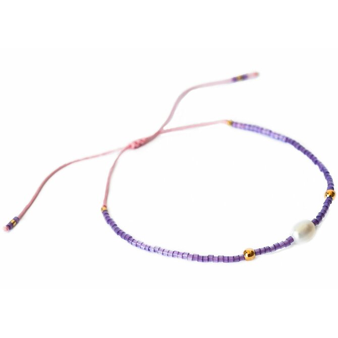 Bangles.cz Náramek Purple korálkový fialová, bílá, zlatá, růžová, sladkovodní perla, miyuki korálky, nylonová šňůrka