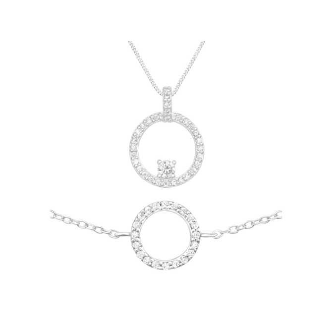 Set náramek + řetízek Kruh & Zirkony + dárková krabička 2694 stříbrná, 16 cm - 20,5 cm, stříbro