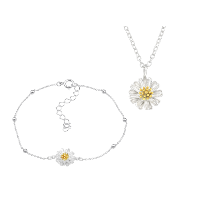 Set náramek Kopretina & kuličky + řetízek + dárková krabička 2983 žlutá, stříbro