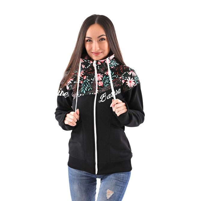 Dámská softshell bundomikina s kapucí na zip Barrsa Double Soft Script Black/Flowers/Fuxie