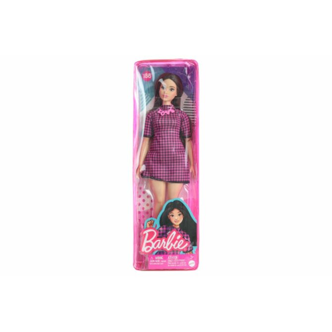 Barbie Modelka - černo-růžové kostkované šaty HBV20