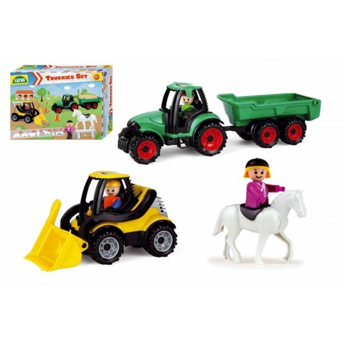 Lena Truckies set farma plast traktor s přívěsem, nakladač s doplňky v krabici 38x28x10cm 24m+