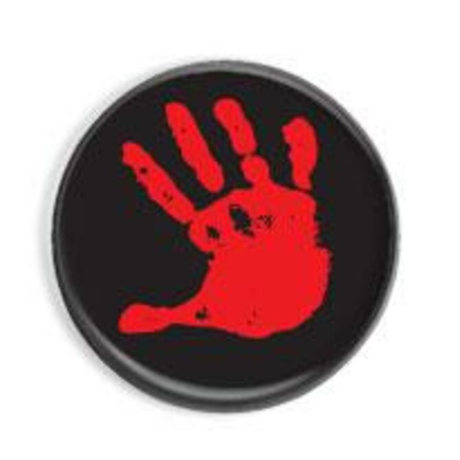 Stop - červená ruka na černém pozadi - placka