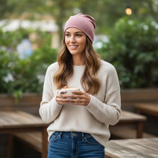 Ebbie Bavlněná čepice Beanie - PUNTÍKY NA STARORŮŽOVÉ Velikost: 0-1 let 0-1 let, Hladký úplet