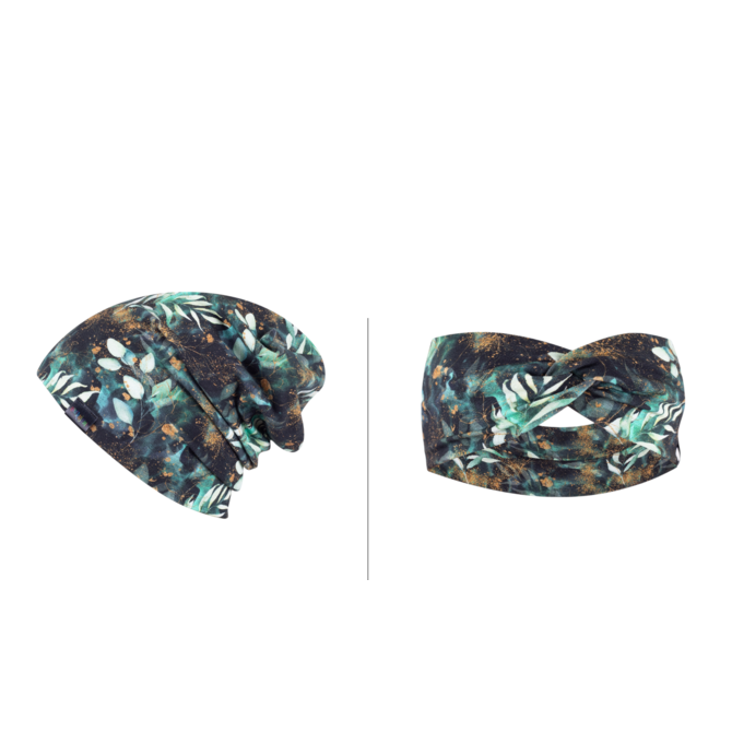 Ebbie Dámský set čepice - vel. 57 - čelenka - vel. L - SMARAGDOVÉ LISTY