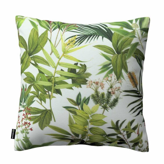 Dekoria Kinga - potah na polštář jednoduchý, zielono-czerwona rośliność na białym tle, 50 × 50 cm, Tropical Island, 143-69