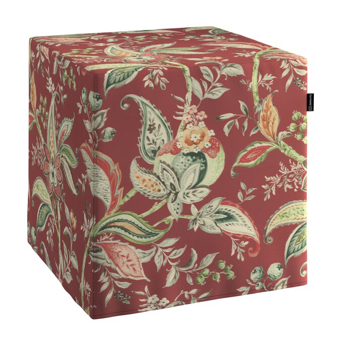 Dekoria Sedák Cube - kostka pevná 40x40x40, rostlinné a květové vzory na cihlově červeném podkladu, 40 x 40 x 40 cm, Gardenia, 142-12