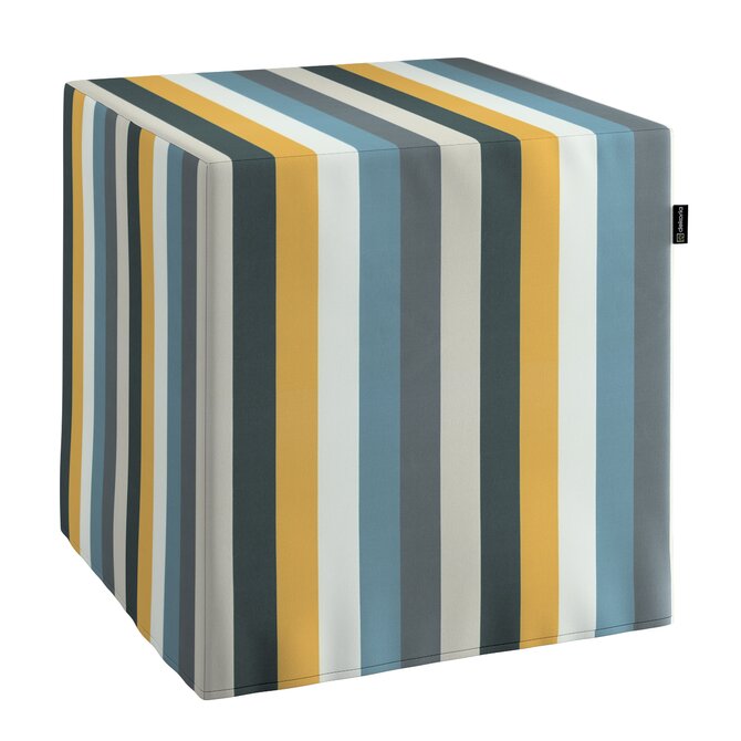 Dekoria Sedák Cube - kostka pevná 40x40x40, pruhy modrá šedá žlůutá, 40 x 40 x 40 cm, Vintage 70's, 143-59