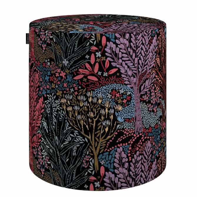 Dekoria Sedák Barrel- válec pevný,  d40cm, výška 40cm, kolorowy motyw roślinny na czarnym tle, ø40 cm x 40 cm, Intenso Premium, 144-26