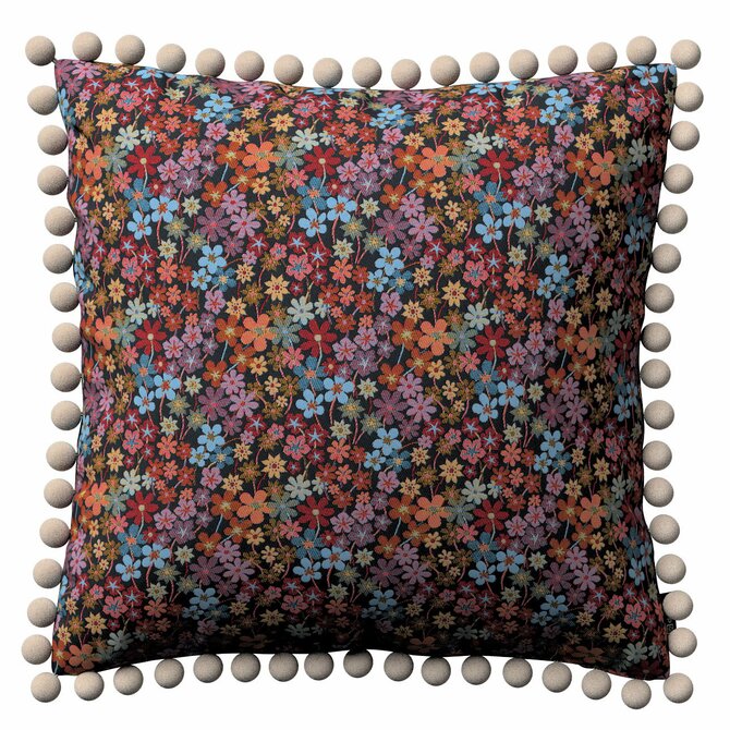 Dekoria Věra - potah na polštář ozdobné bambulky po obvodu, kolorowe kwiaty na czarnym tle, 45 x 45 cm, Intenso Premium, 144-32