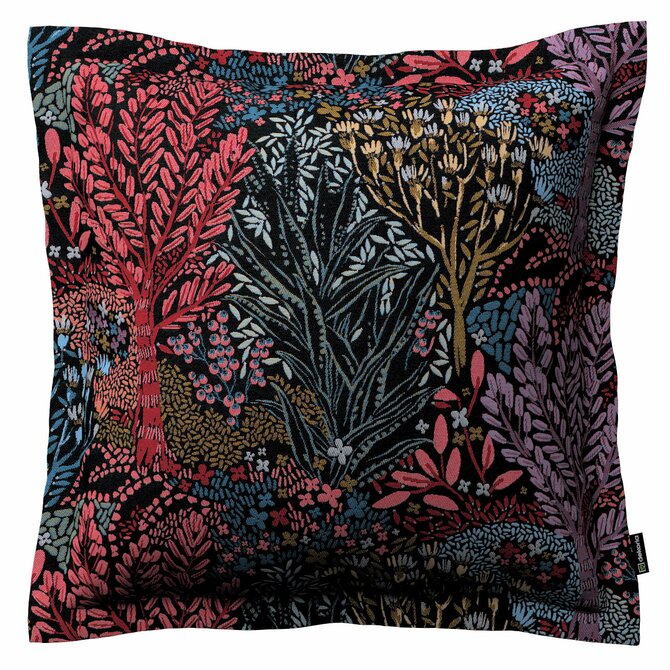Dekoria Věra - potah na polštář ozdobné bambulky po obvodu, kolorowy motyw roślinny na czarnym tle, 45 x 45 cm, Intenso Premium, 144-26