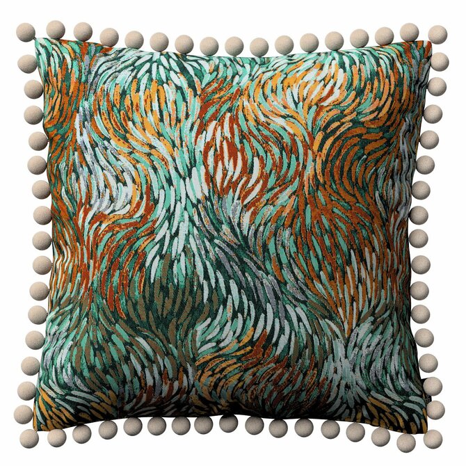 Dekoria Věra - potah na polštář ozdobné bambulky po obvodu, zielono-pomarańczowy, 45 x 45 cm, Intenso Premium, 144-31
