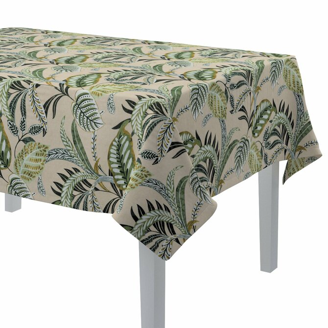 Dekoria Ubrus obdélníkový, oliwkowo-zielone kwiaty na lnianym tle, 130 x 130 cm, Tropical Island, 142-96