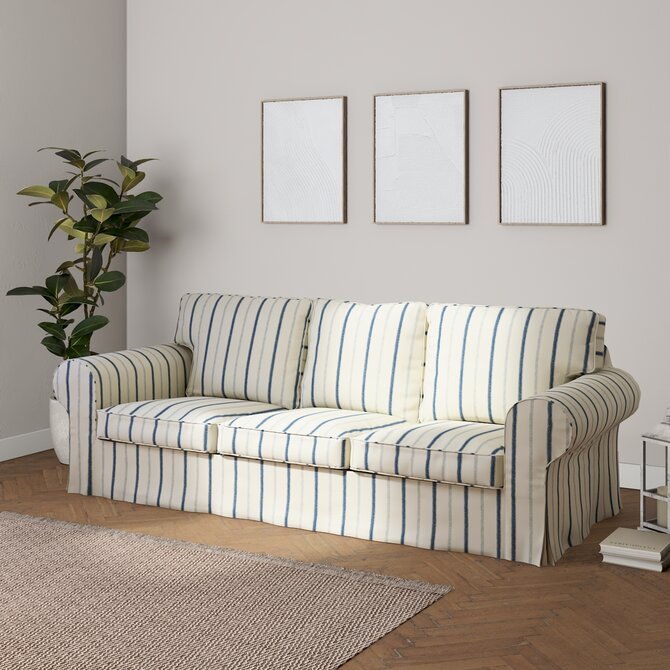 Dekoria Potah na pohovku IKEA Ektorp 3-místná rozkládací, NOVÝ MODEL 2013, režný podklad, světle modré pásky, Ektorp 3-m rozkládací, od 2013, Avignon, 129-66