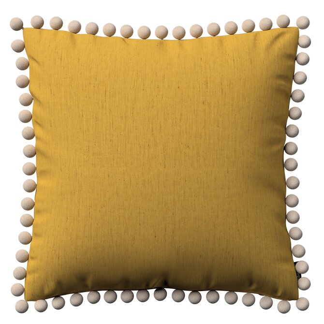 Dekoria Věra - potah na polštář ozdobné bambulky po obvodu, medová, 45 x 45 cm, Linen, 159-14