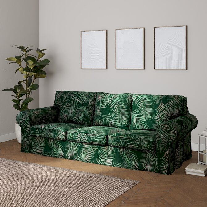 Dekoria Potah na pohovku IKEA  Ektorp 3-místná, rozkládací STARÝ MODEL PIXBO, stylizované palmové listy na zeleném podkladu, pohovka Ektorp 3-místná rozkládací, Velvet, 704-21