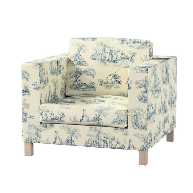 Dekoria Potah na křesko IKEA Karlanda, krátký, pozadí režné, světle modré postavy, Potah na křeslo Karlanda, Avinon, 132-66