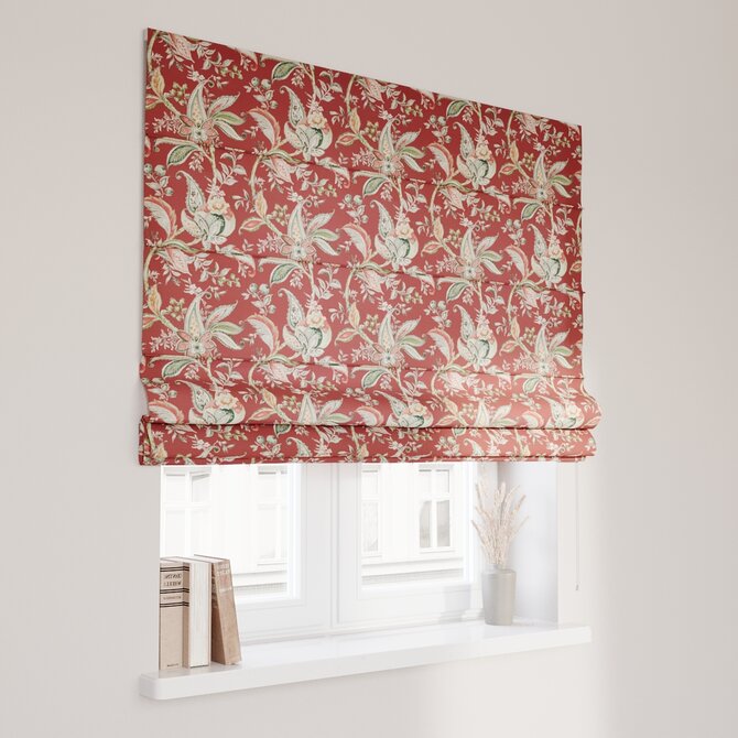 Dekoria Římská roleta Capri, rostlinné a květové vzory na cihlově červeném podkladu, Gardenia, 142-12