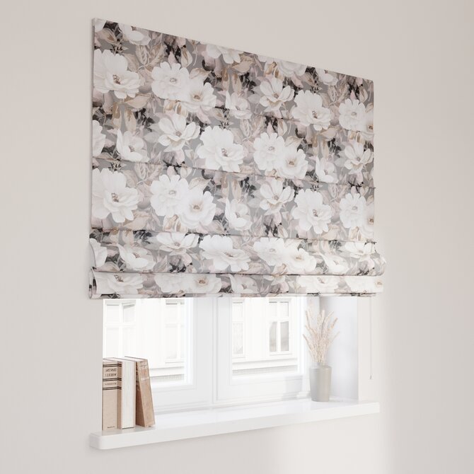 Dekoria Římská roleta Capri, krémové a růžové květy na šedém podkladu, Gardenia, 142-13