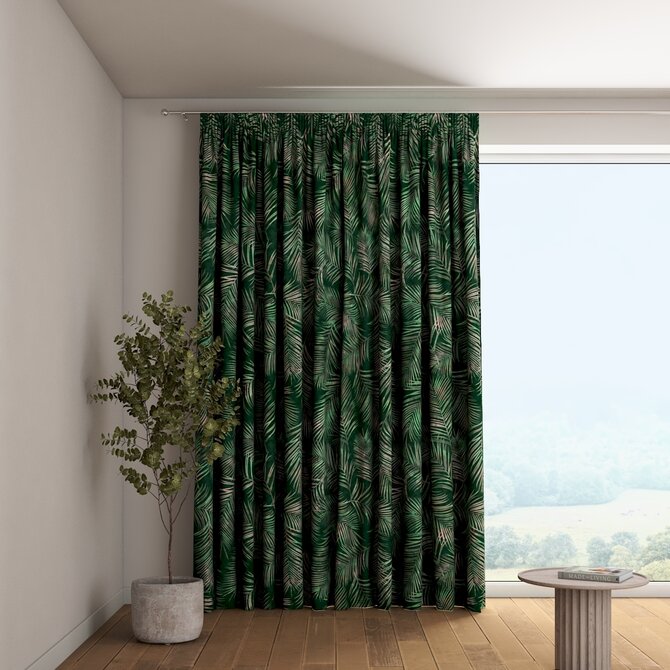 Dekoria Závěs s řasící páskou, stylizované palmové listy na zeleném podkladu, Velvet, 704-21