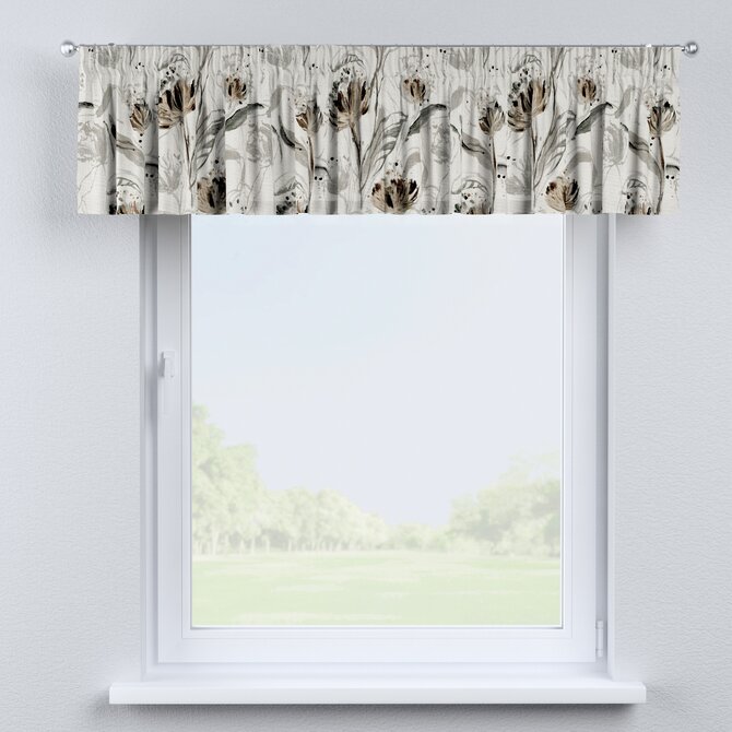 Dekoria Krátký závěs na řasící pásce, květy na světle šedém podkladu, 130 x 40 cm, Botanic Viscose, 145-22