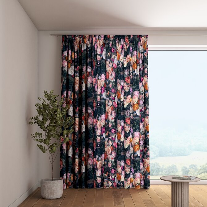 Dekoria Závěs s řasící páskou, barevné květy na tmavém podkladu, Flowers, 161-02