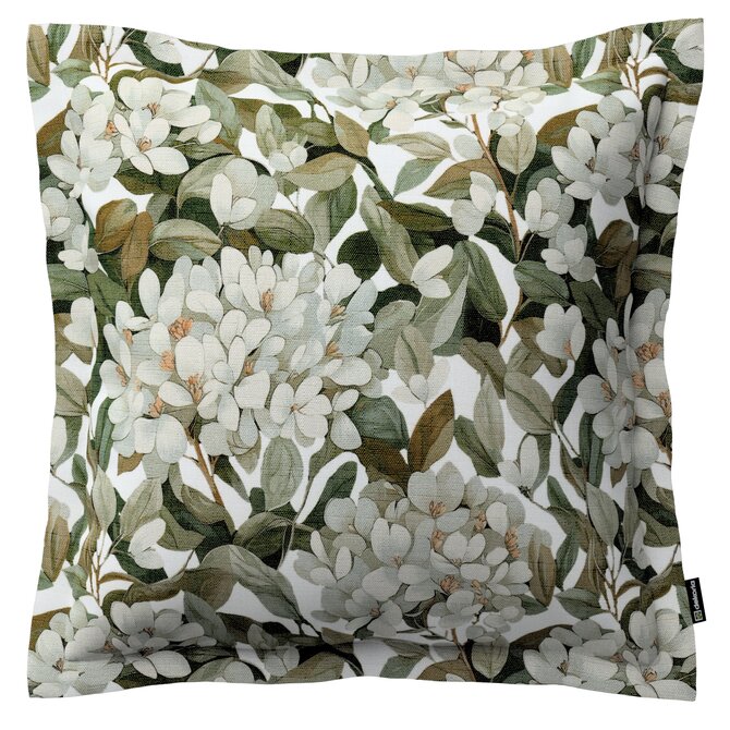 Dekoria Mona - potah na polštář hladký lem po obvodu, zelené listy na bílém podkladu, 45 x 45 cm, Botanic Viscose, 145-20