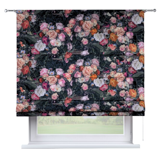 Dekoria Římská roleta Torino, barevné květy na tmavém podkladu, Flowers, 161-02