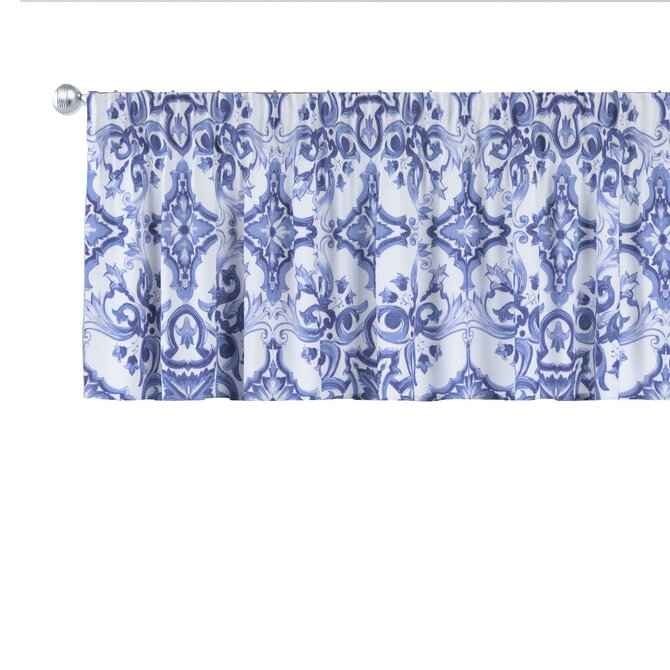 Dekoria Krátký závěs na řasící pásce, modré vzory na bílém pozadí, 390 x 40 cm, Aria, 145-17