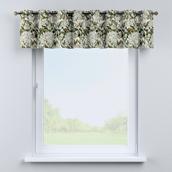 Dekoria Krátký závěs na kroužcích, zelené listy na bílém podkladu, 390 x 40 cm, Botanic Viscose, 145-20