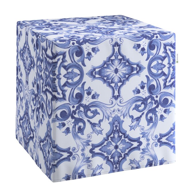Dekoria Sedák Cube - kostka pevná 40x40x40, modré vzory na bílém pozadí, 40 x 40 x 40 cm, Aria, 145-17