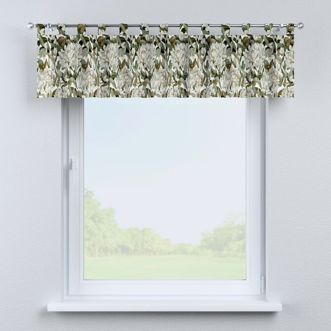 Dekoria Krátký závěs na poutkách, zelené listy na bílém podkladu, 130 x 40 cm, Botanic Viscose, 145-20