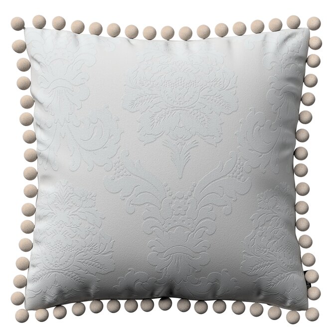Dekoria Věra - potah na polštář ozdobné bambulky po obvodu, světle šedá, 45 x 45 cm, Damasco, 613-81
