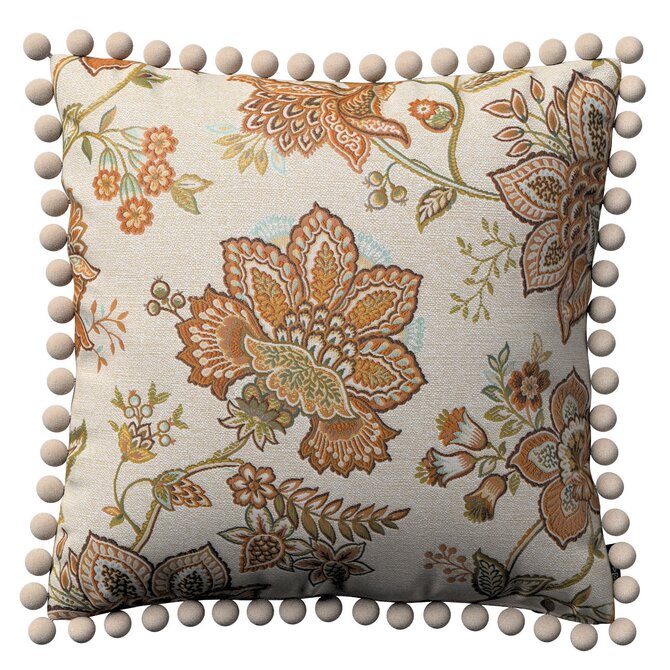 Dekoria Věra - potah na polštář ozdobné bambulky po obvodu, béžová, 45 x 45 cm, Intenso Premium, 144-27