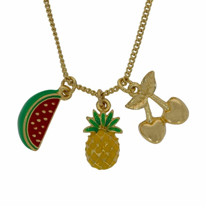 Náhrdelník Ananas, meloun a višně na zlatém řetízku Barevný