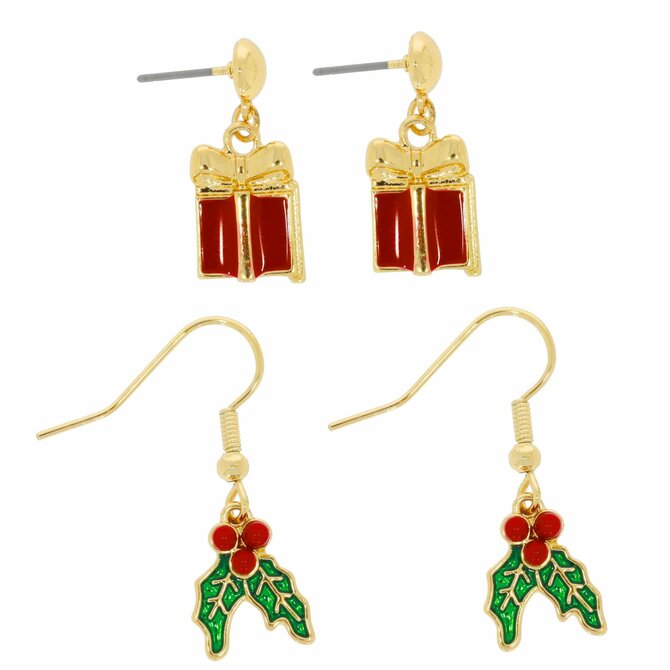 Sada vánočních náušnic dárečky a cesmína Barevný