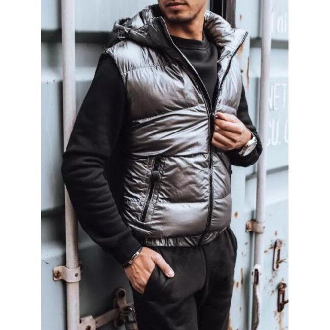 Pánská prošívaná zimní vesta s kapucí OLA šedá Břidlicová, 3XL