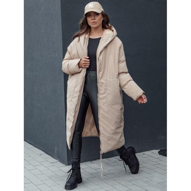 Dámská dlouhá zimní bunda oversize s kapucí MELVIN tmavě béžová Béžová, Univerzální